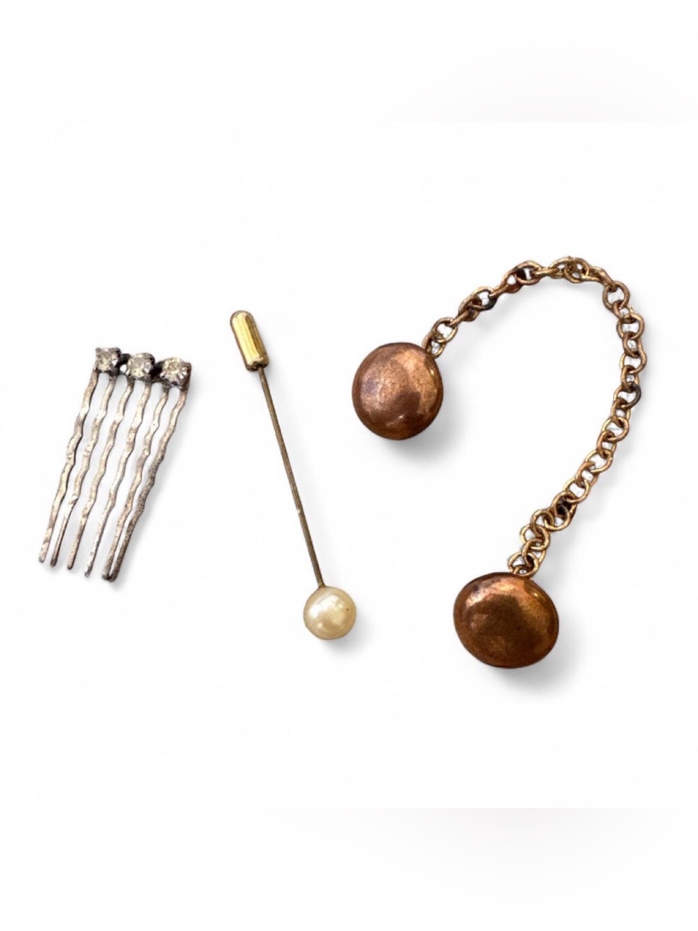 Vintage Copper cloak/cape clasp, crystal hair clip, pearl stick pin